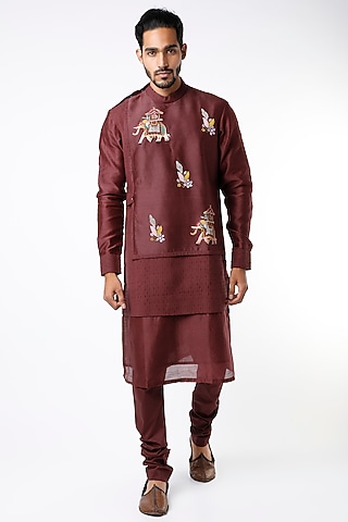 Maroon Embroidered Layered Kurta Set by Kudrat Couture