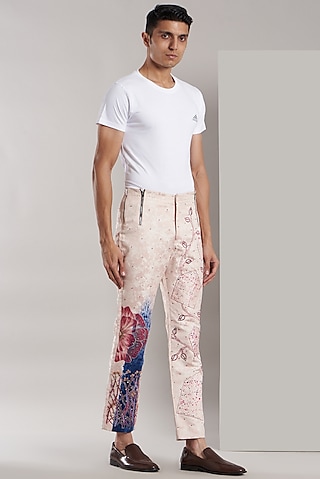 Blush Pink Crepe Floral Printed Pants Design by Jubinav Chadha Men