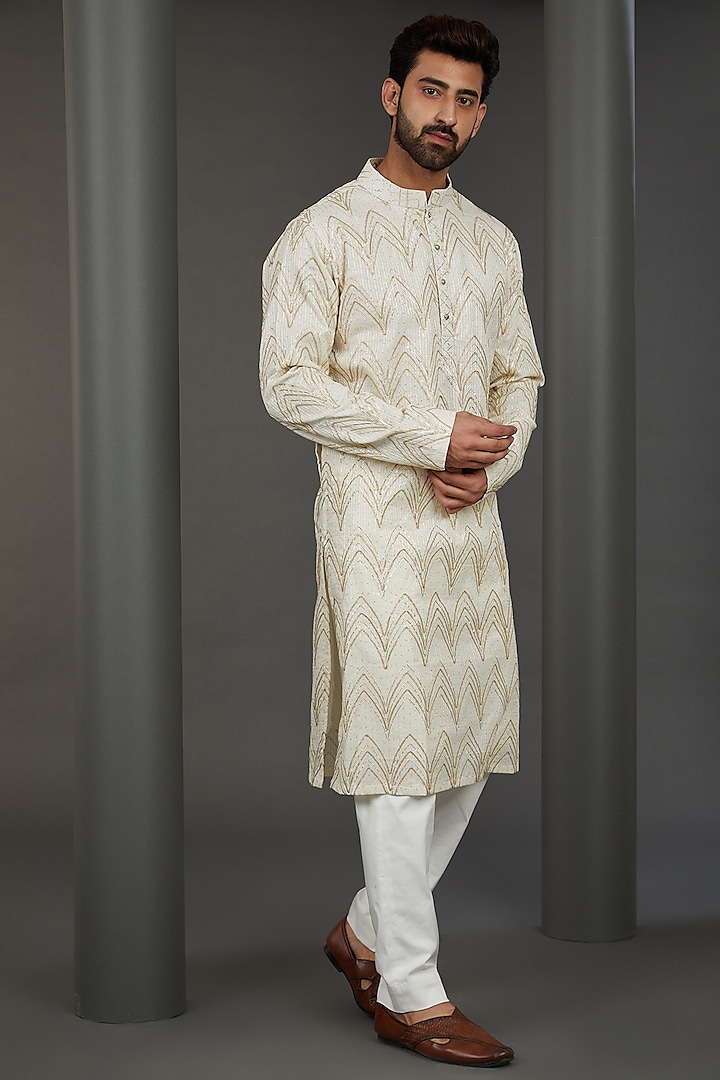 Off-White Cotton Thread Embroidered Kurta Set by Kudrat Couture