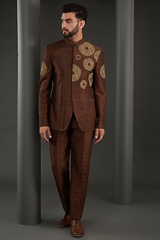 Brown Raw Silk Zari Embroidered Bandhgala Set by Kudrat Couture
