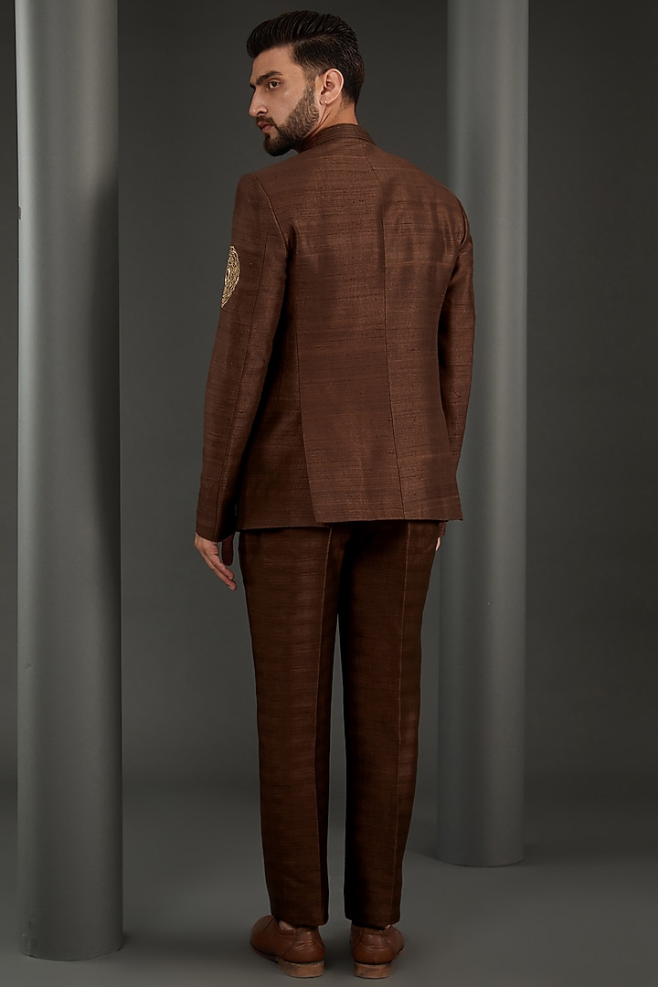 Brown Raw Silk Zari Embroidered Wedding Bandhgala Set by Kudrat Couture at Pernia's Pop Up Shop