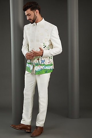 Off-White Raw Silk Handpainted & Hand Embroidered Bandhgala Set by Kudrat Couture