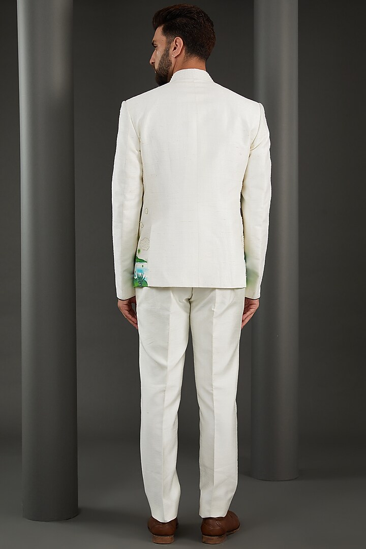 Off-White Raw Silk Handpainted & Hand Embroidered Wedding Bandhgala Set by Kudrat Couture at Pernia's Pop Up Shop
