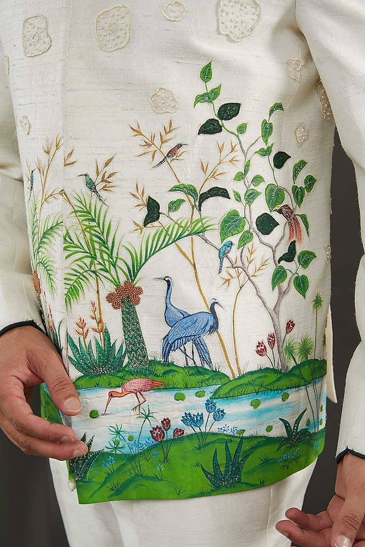 Off-White Raw Silk Handpainted & Hand Embroidered Wedding Bandhgala Set by Kudrat Couture at Pernia's Pop Up Shop