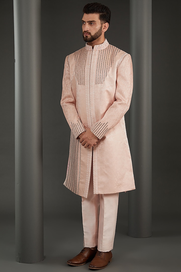 Pink Jacquard Moti Embroidered Sherwani Set by Kudrat Couture
