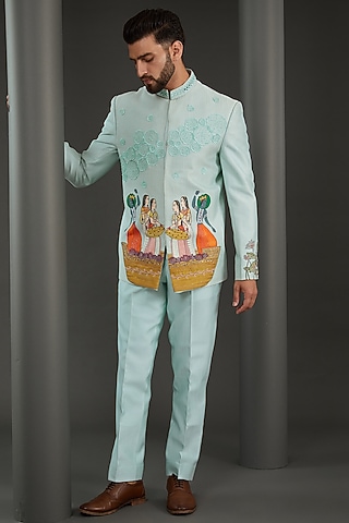 Blue Pure Chanderi Silk Handpainted & Embroidered Bandhgala Set by Kudrat Couture