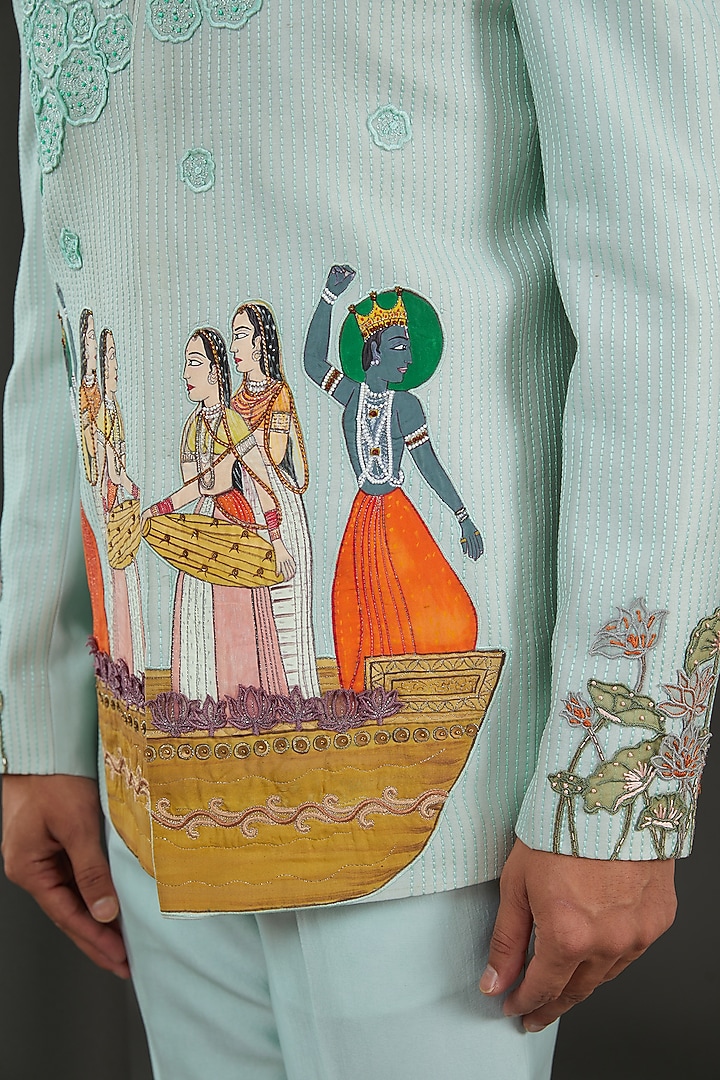 Blue Pure Chanderi Silk Handpainted & Embroidered Wedding Bandhgala Set by Kudrat Couture at Pernia's Pop Up Shop