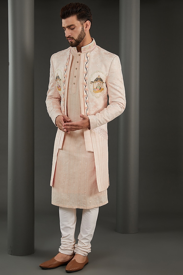 Baby Pink Jacquard Embroidered & Handpainted Indowestern Set by Kudrat Couture