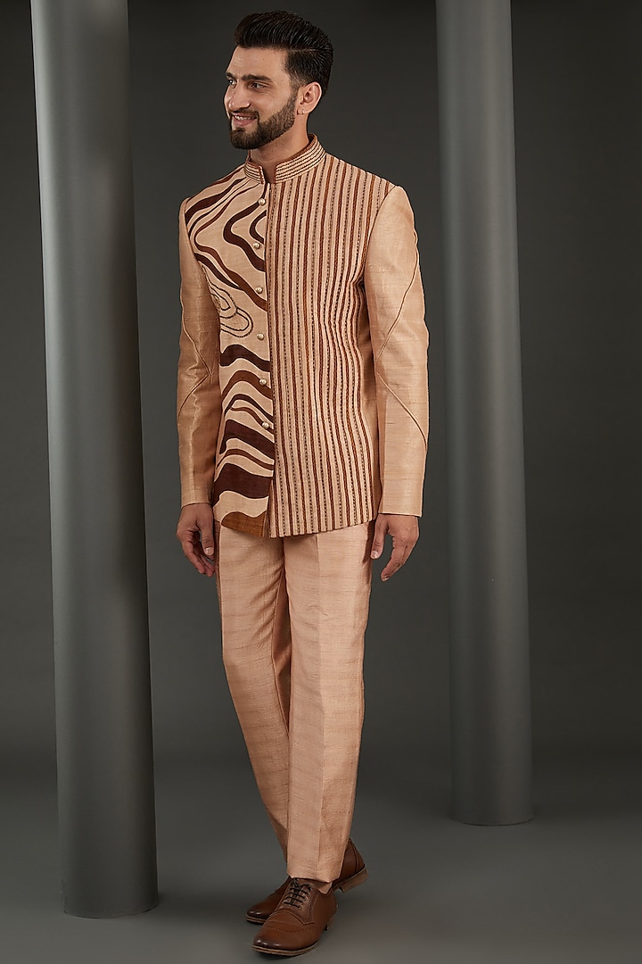 Brown Raw Silk Bandhgala Set by Kudrat Couture