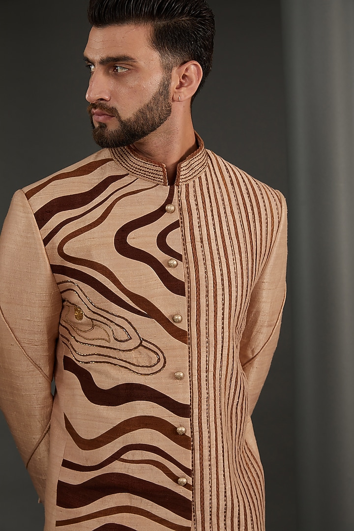 Brown Raw Silk Wedding Bandhgala Set by Kudrat Couture at Pernia's Pop Up Shop