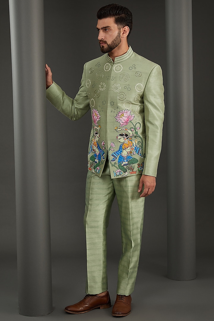 Green Raw Silk Handpainted & Resham Embroidered Bandhgala Set by Kudrat Couture