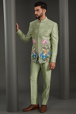 Green Raw Silk Handpainted & Resham Embroidered Bandhgala Set by Kudrat Couture