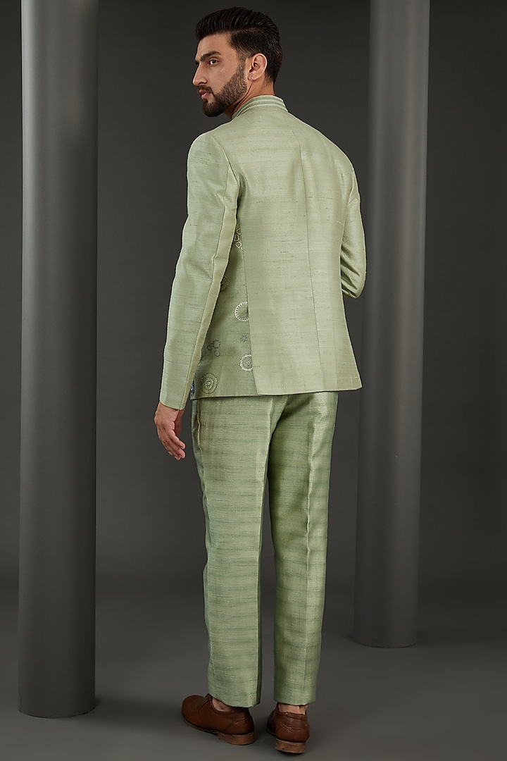 Green Raw Silk Handpainted & Resham Embroidered Wedding Bandhgala Set by Kudrat Couture at Pernia's Pop Up Shop