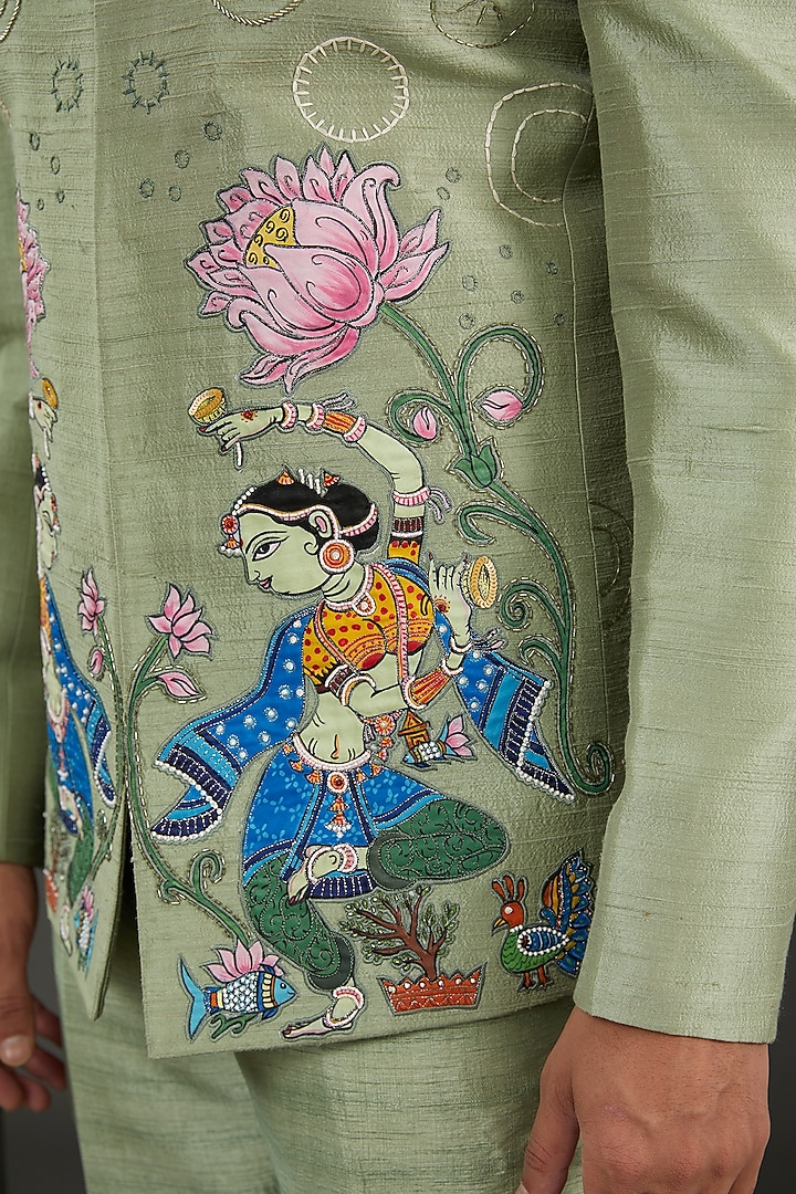 Green Raw Silk Handpainted & Resham Embroidered Wedding Bandhgala Set by Kudrat Couture at Pernia's Pop Up Shop