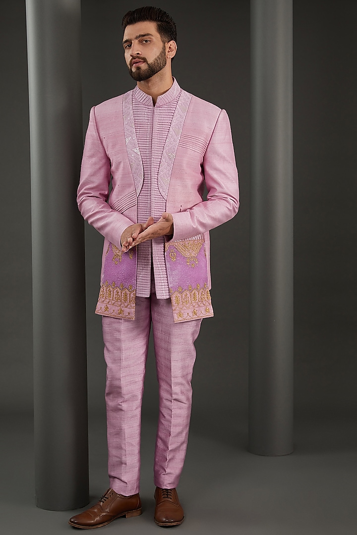 Pink Raw Silk & Velvet Dori Embroidered Indowestern Set by Kudrat Couture