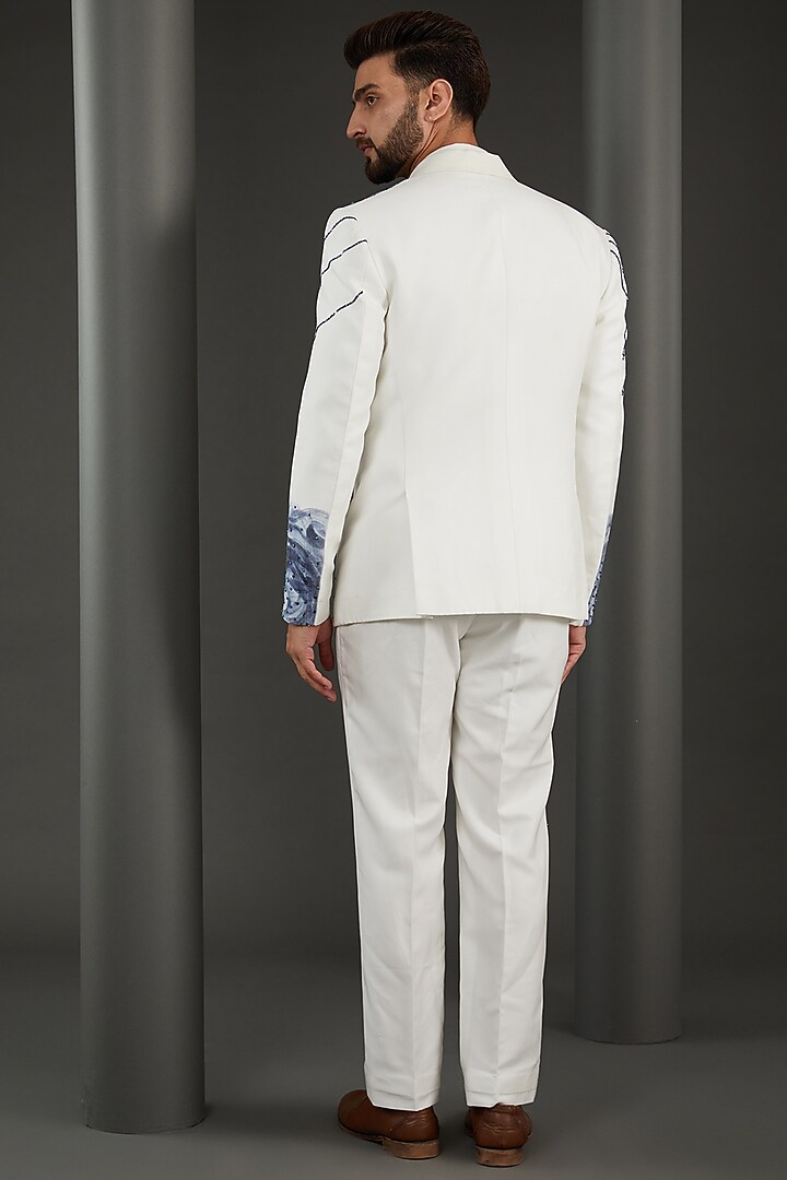 White & Blue Imported Italian Handpainted & Resham Embroidered Blazer Set by Kudrat Couture at Pernia's Pop Up Shop