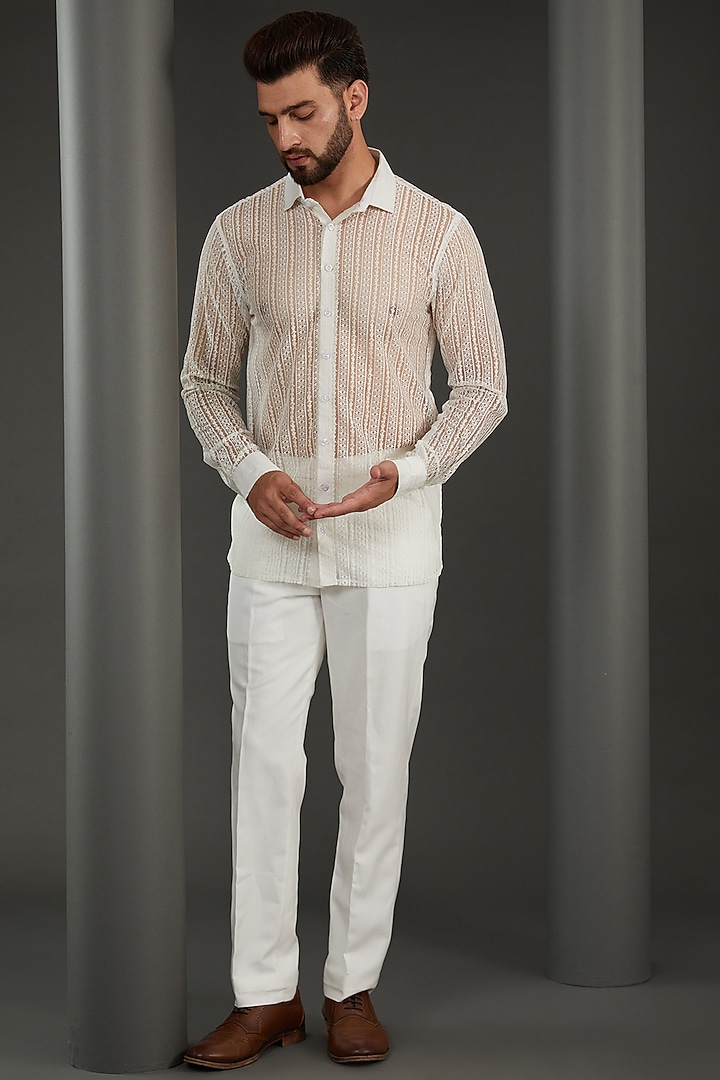 White & Blue Imported Italian Handpainted & Resham Embroidered Blazer Set by Kudrat Couture at Pernia's Pop Up Shop