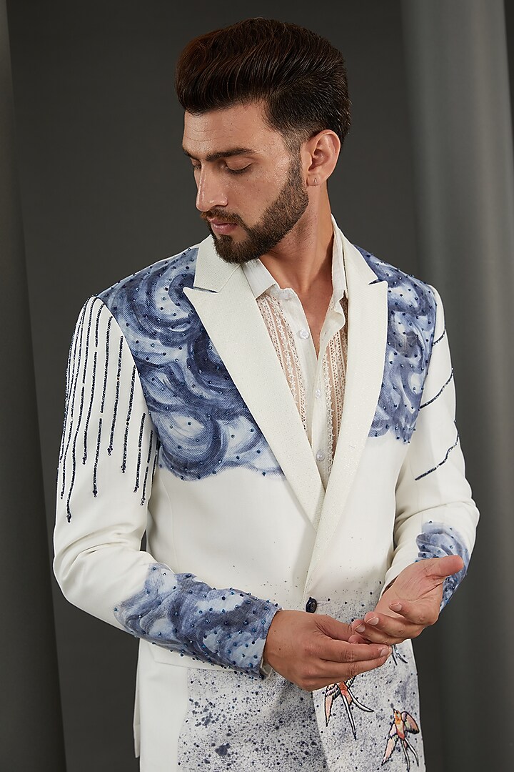 White & Blue Imported Italian Handpainted & Resham Embroidered Blazer Set by Kudrat Couture at Pernia's Pop Up Shop