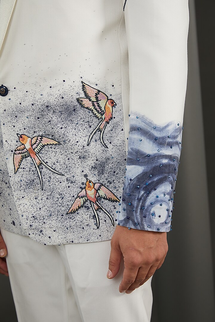 White & Blue Imported Italian Handpainted & Resham Embroidered Blazer Set by Kudrat Couture at Pernia's Pop Up Shop