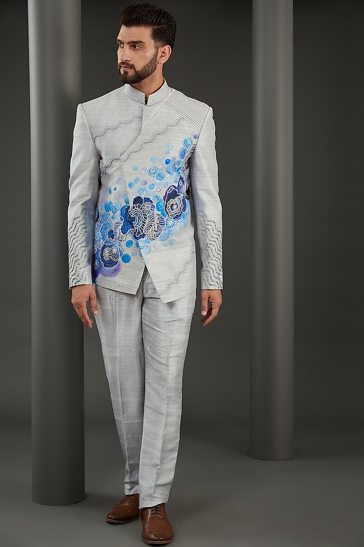 Grey & Blue Raw Silk Handpainted Bandhgala Set by Kudrat Couture