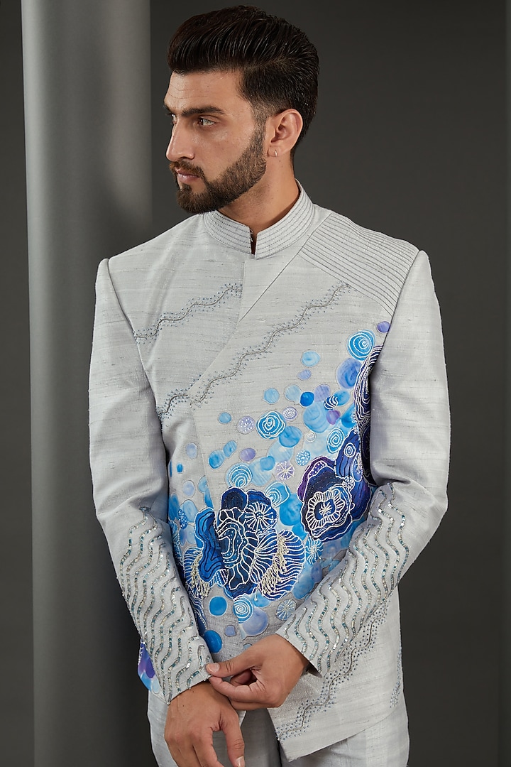 Grey & Blue Raw Silk Handpainted Wedding Bandhgala Set by Kudrat Couture at Pernia's Pop Up Shop