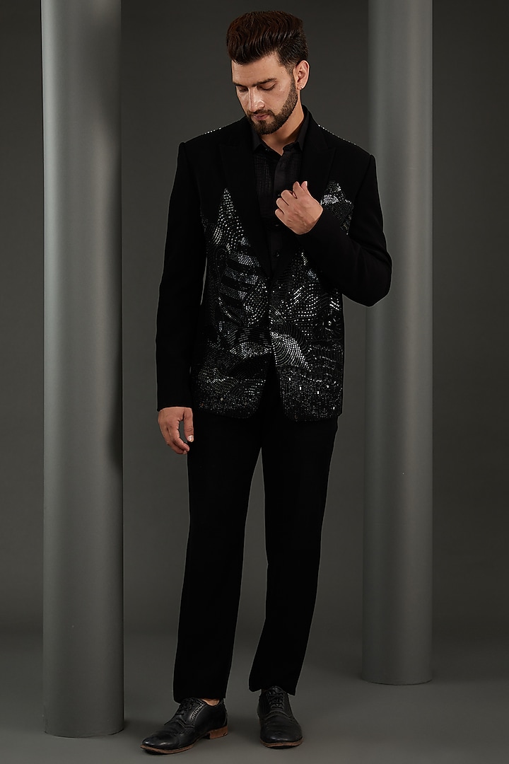 Black Imported Italian Fabric Nalki Embroidered Tuxedo Set by Kudrat Couture