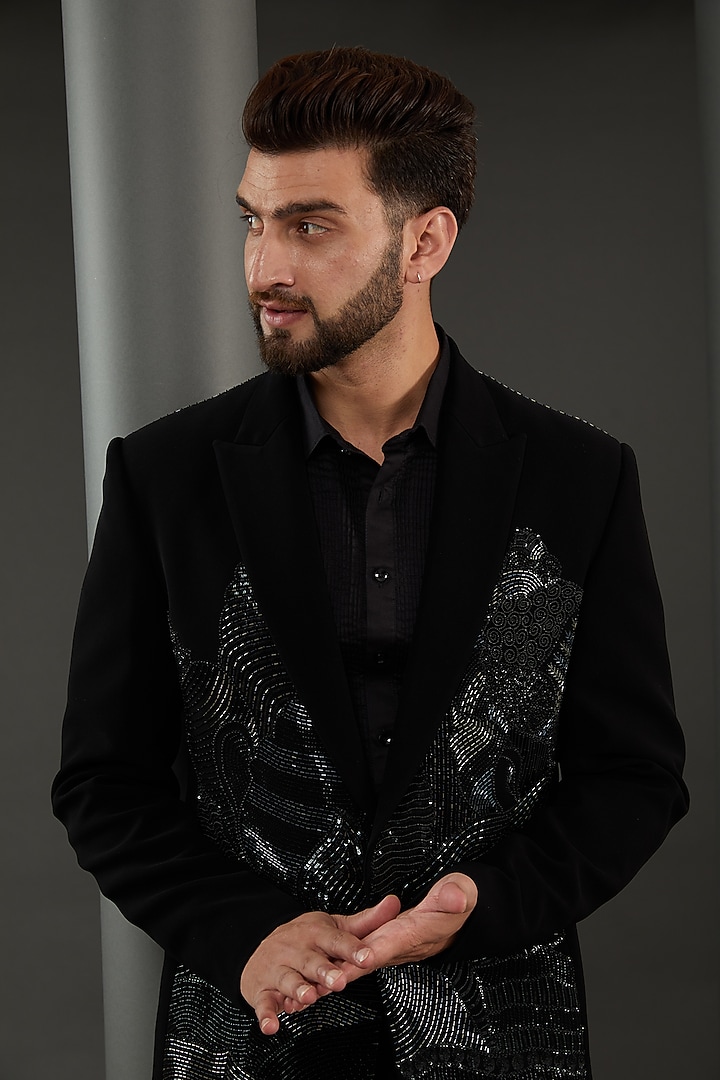 Black Imported Italian Fabric Nalki Embroidered Tuxedo Set by Kudrat Couture at Pernia's Pop Up Shop