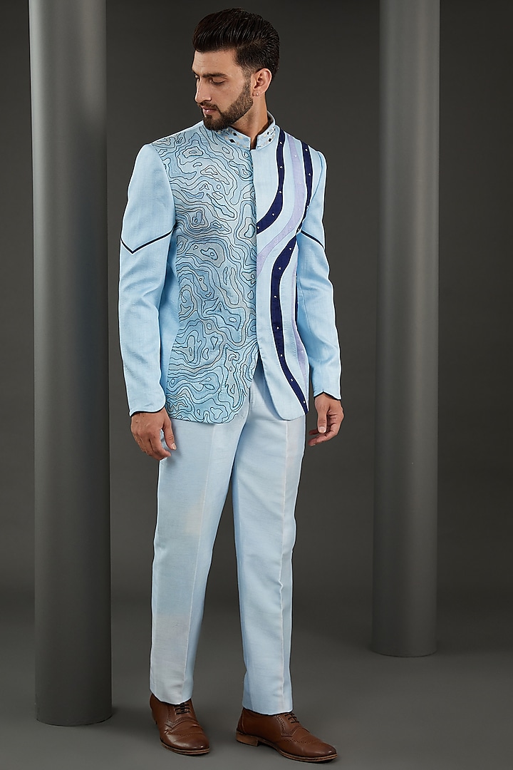 Blue Silk Dori Embroidered Bandhgala Set by Kudrat Couture