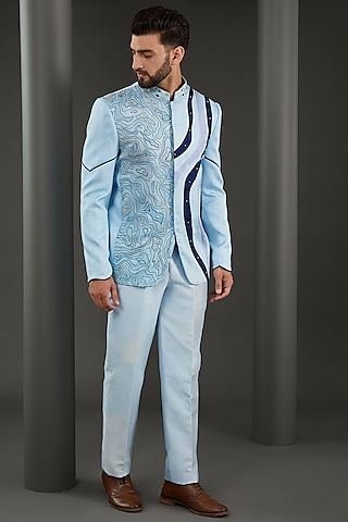 Blue Silk Dori Embroidered Bandhgala Set by Kudrat Couture