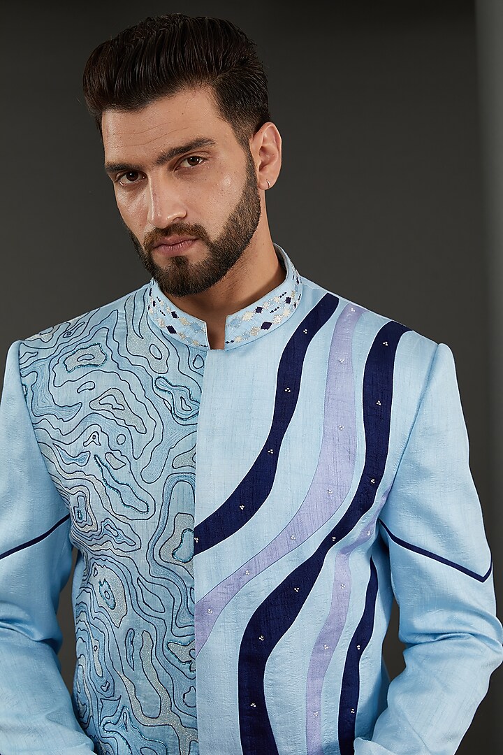 Blue Silk Dori Embroidered Wedding Bandhgala Set by Kudrat Couture at Pernia's Pop Up Shop