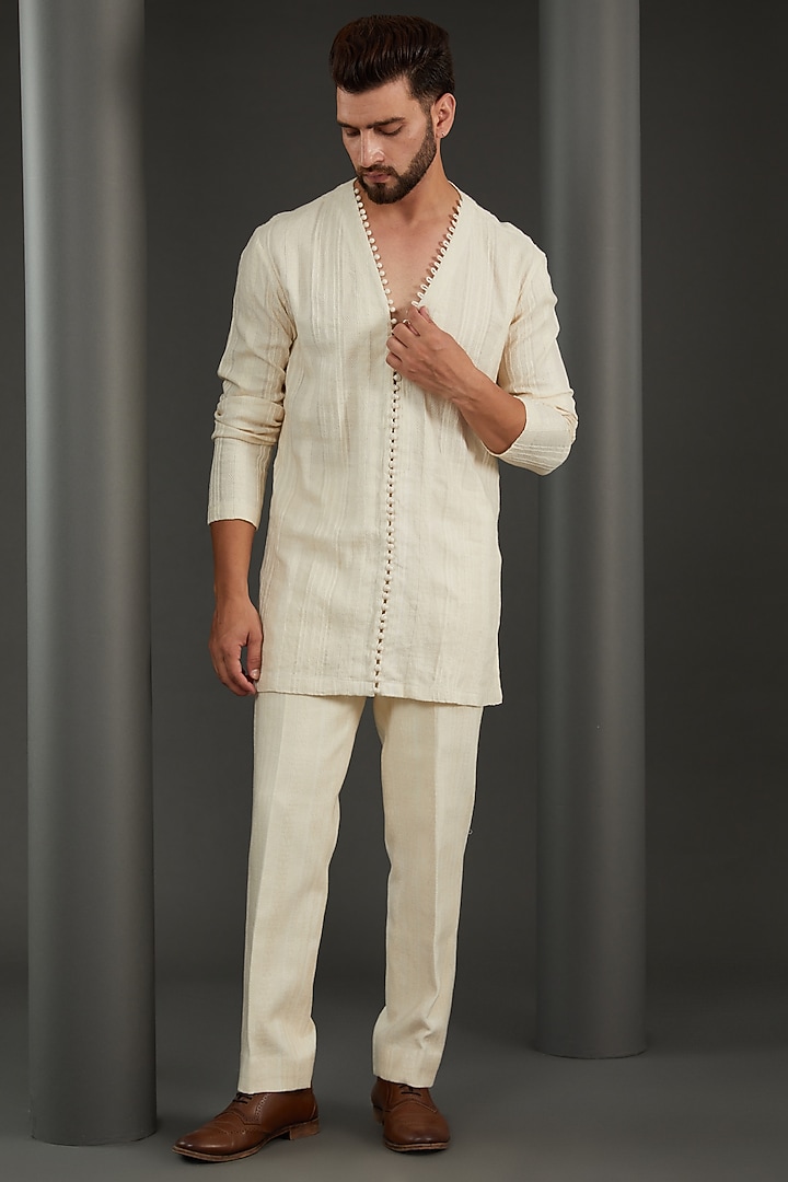 Off-White Cotton Thread Embroidered Wedding Indowestern Set by Kudrat Couture at Pernia's Pop Up Shop