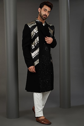Black Imported Italian Fabric Sequins Embroidered Indowestern Set by Kudrat Couture