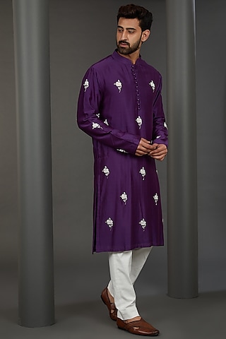 Dark Purple Chanderi Cutdana Embroidered Kurta Set by Kudrat Couture