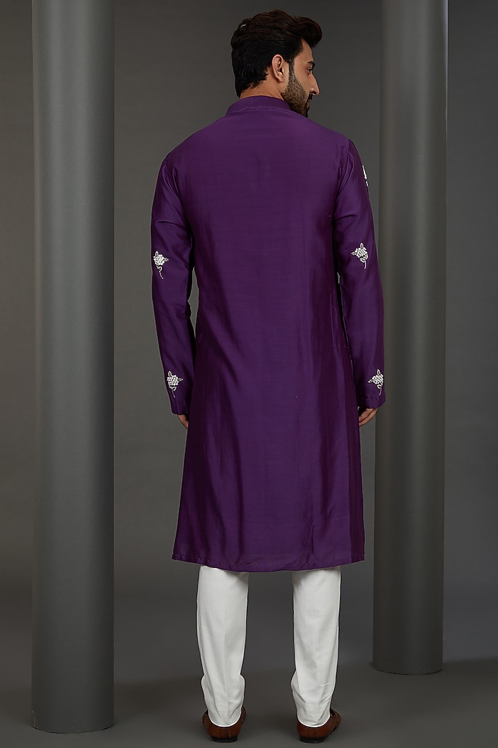 Dark Purple Chanderi Cutdana Embroidered Kurta Set by Kudrat Couture at Pernia's Pop Up Shop