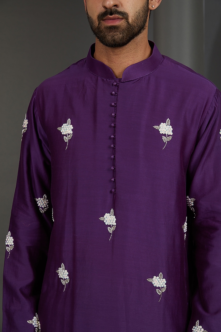Dark Purple Chanderi Cutdana Embroidered Kurta Set by Kudrat Couture at Pernia's Pop Up Shop