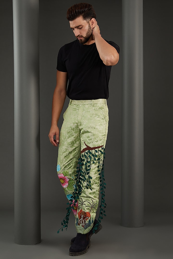 Green Jacquard Handpainted Pants by Kudrat Couture