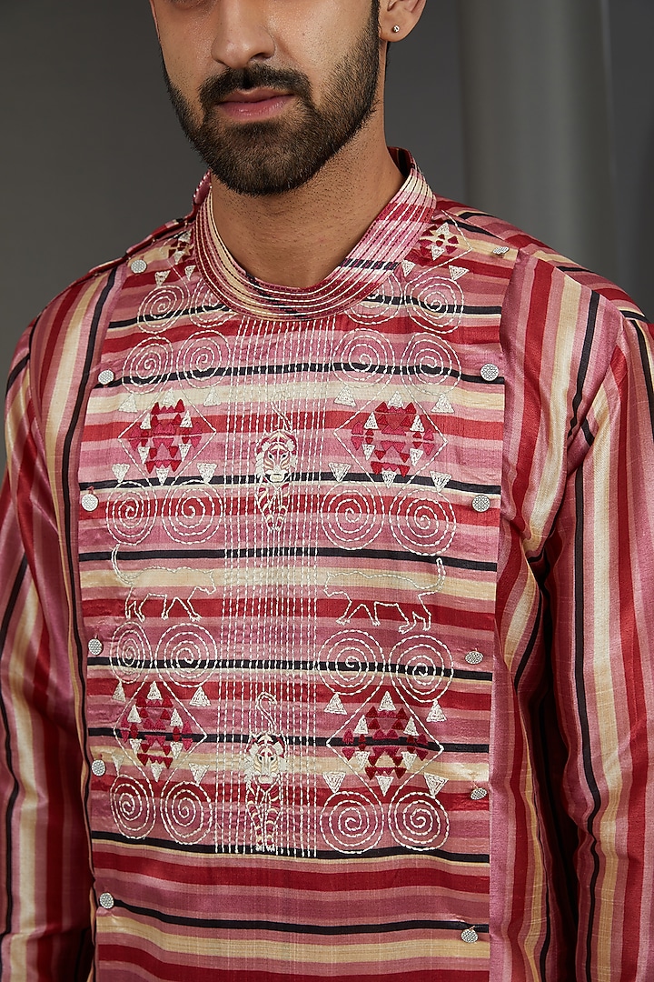 Pink Silk Resham Embroidered Angrakha Kurta by Kudrat Couture at Pernia's Pop Up Shop