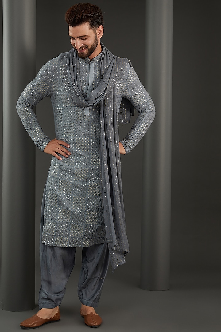 Grey Georgette Lucknowi Kurta Set by Kudrat Couture