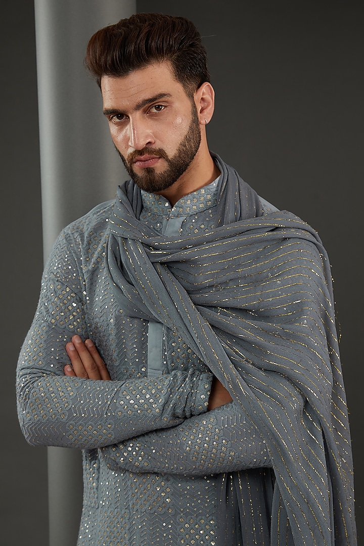 Grey Georgette Lucknowi Kurta Set by Kudrat Couture at Pernia's Pop Up Shop