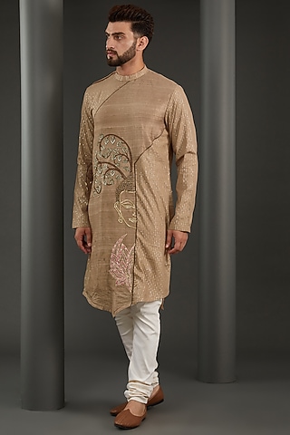 Beige Raw Silk Thread Embroidered Kurta Set by Kudrat Couture