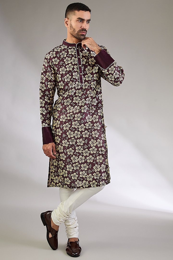 Brown Silk Digital Printed & Applique Work Kurta Set by Kudrat Couture at Pernia's Pop Up Shop