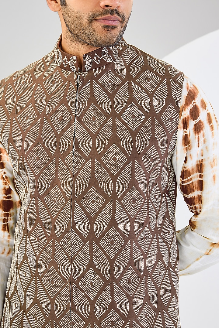 Brown Chanderi Silk Anchor Embroidered Nehru Jacket Set by Kudrat Couture at Pernia's Pop Up Shop