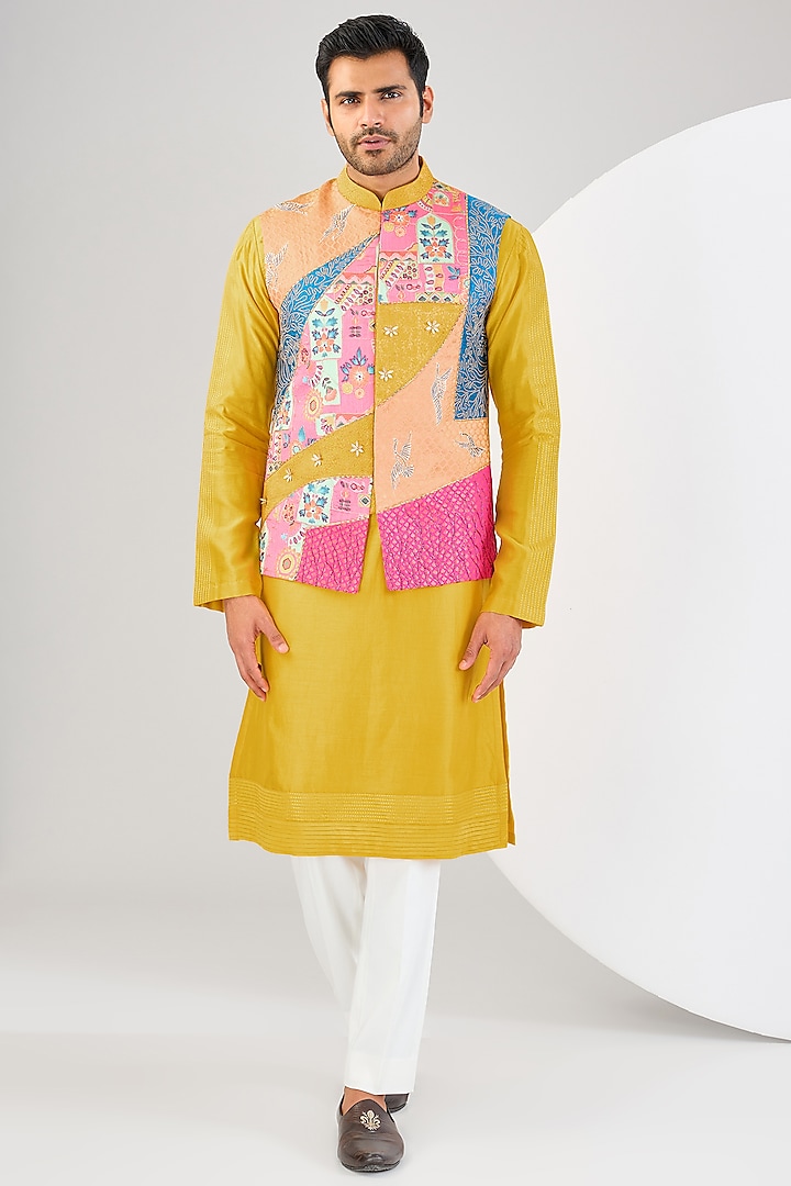 Multi-Colored Brocade Resham & Cutdana Embroidered Nehru Jacket Set by Kudrat Couture at Pernia's Pop Up Shop