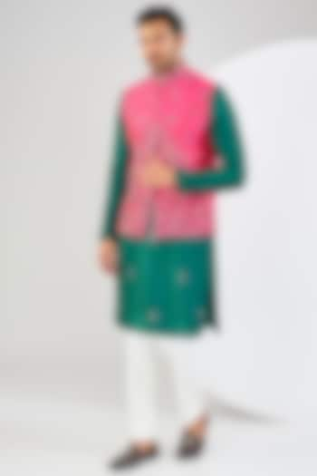 Pink Silk Hand Embroidered Nehru Jacket Set by Kudrat Couture