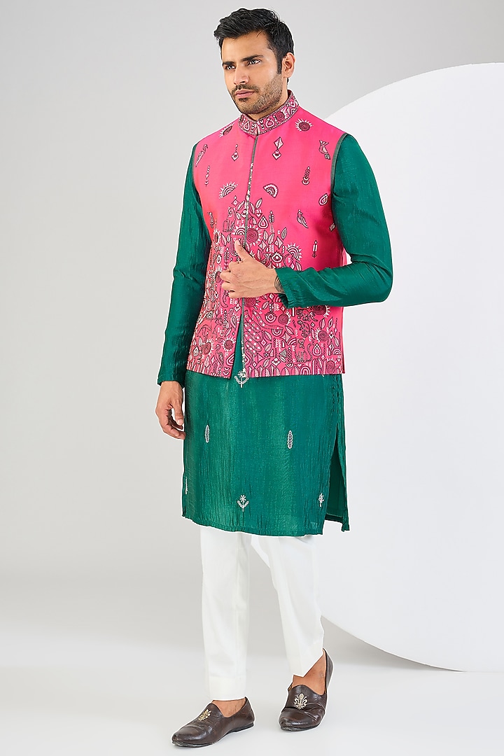 Pink Silk Hand Embroidered Nehru Jacket Set by Kudrat Couture