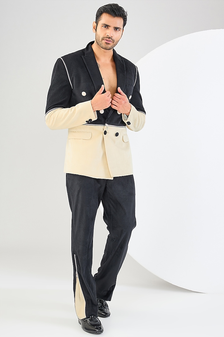 Black & Beige Corduroy Blazer Set by Kudrat Couture at Pernia's Pop Up Shop