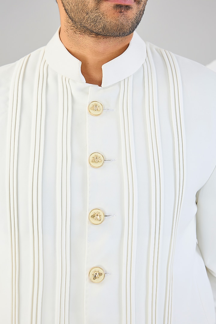 White Italian Fabric Bandhgala Set by Kudrat Couture at Pernia's Pop Up Shop