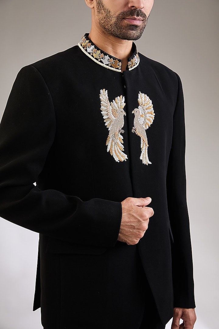 Black Italian Resham & Dabka Embellished Wedding Bandhgala Set by Kudrat Couture at Pernia's Pop Up Shop