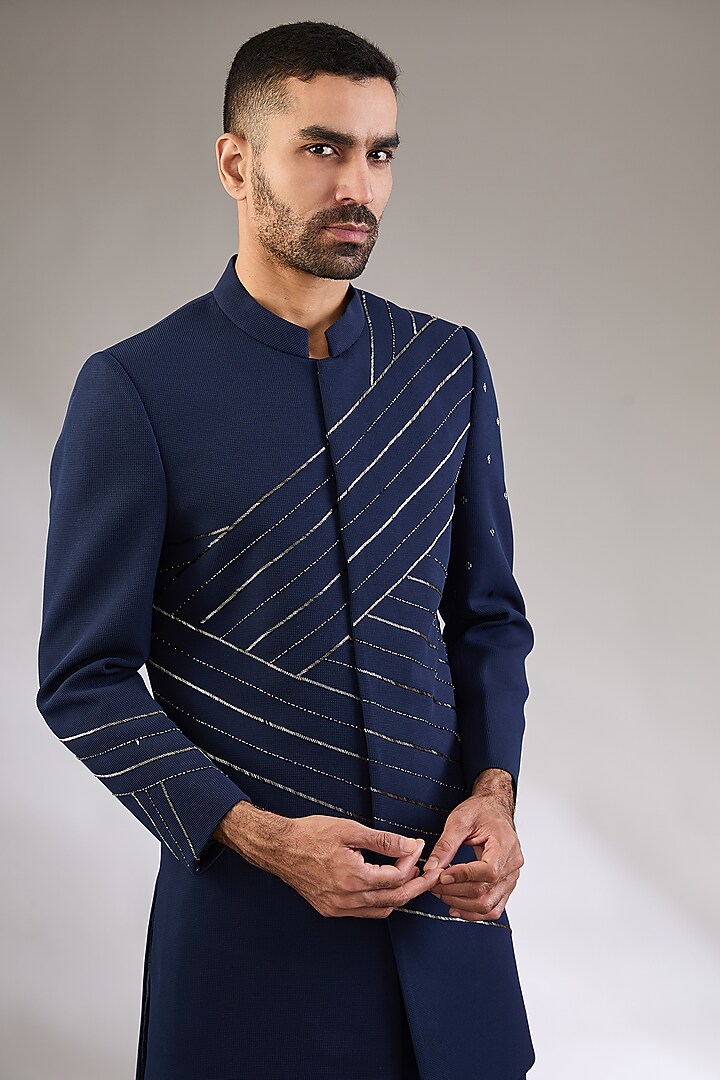 Blue Italian Textured Cutdana Embroidered Indo-Western Set by Kudrat Couture at Pernia's Pop Up Shop