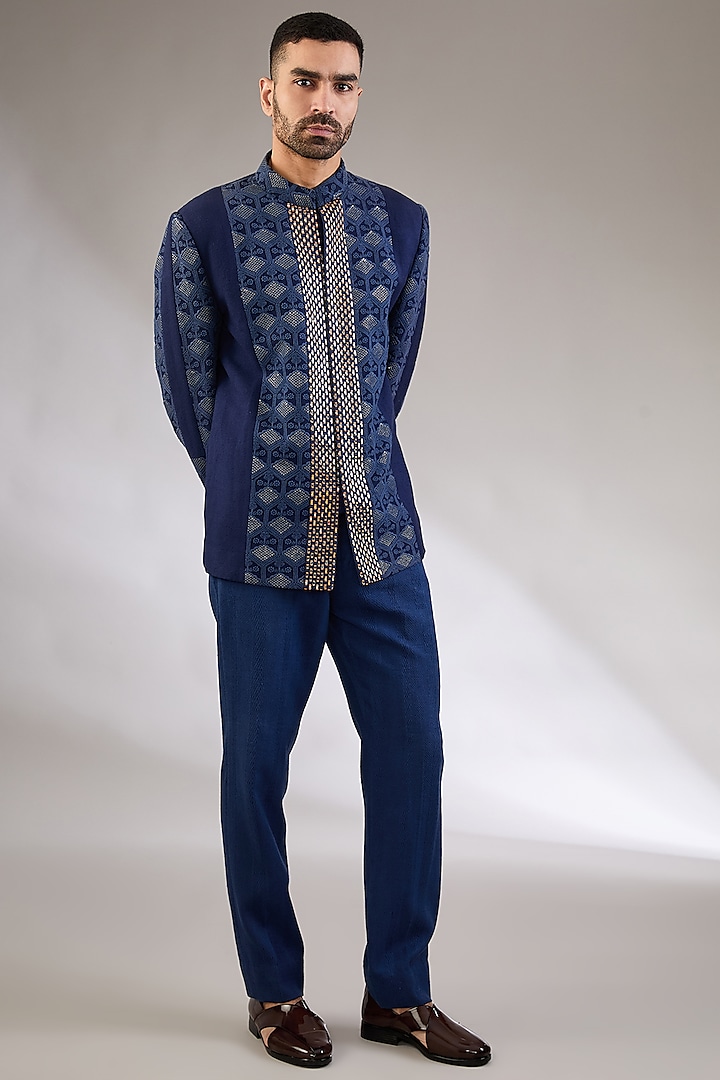 Blue Cotton Textured Mirror Embroidered Bandhgala Set by Kudrat Couture